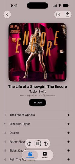 An album page with an Add button and a track preview playing