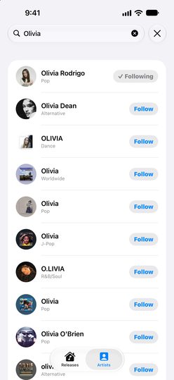 Searching Apple Music for artists, with Follow buttons beside each result