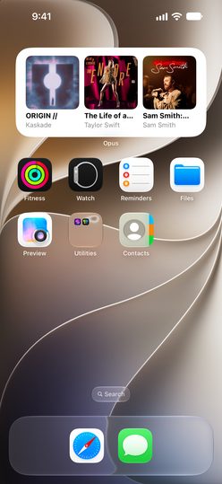 The Opus widget on the Home Screen showing the three latest releases